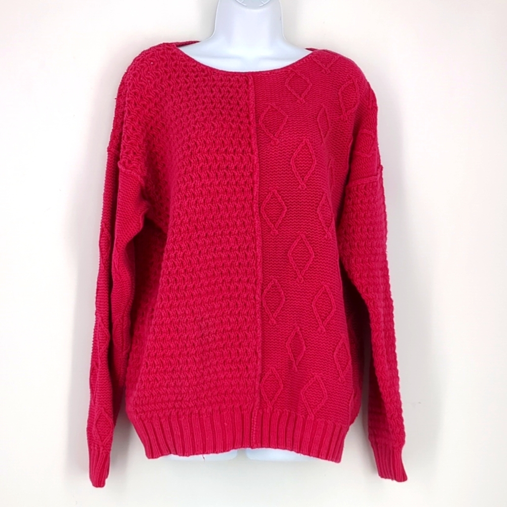 Vintage BE Hot Pink Chunky Knit Sweater Ramie Cotton Women's Size Large
